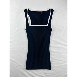 Bellina Black Ribbed Square Neck Tank Top White Trim Women's Size Medium